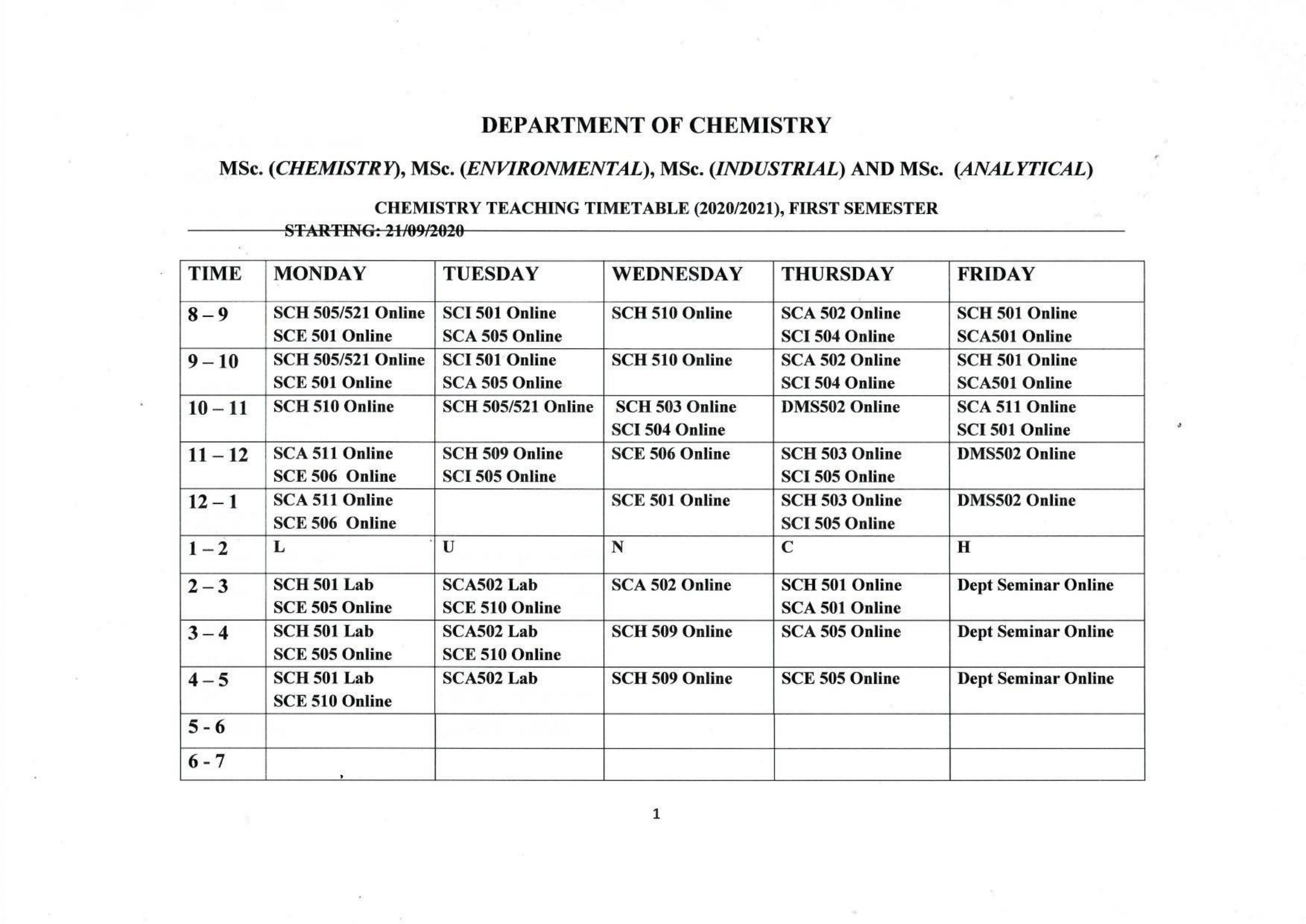 MSC TIMETABLE FIRST SEMESTER 2020/2021 ACADEMIC YEAR. DEPARTMENT OF